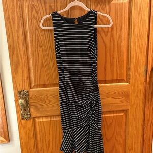 White House Black Market Black and White Asymmetrical Ruched Midi Dress